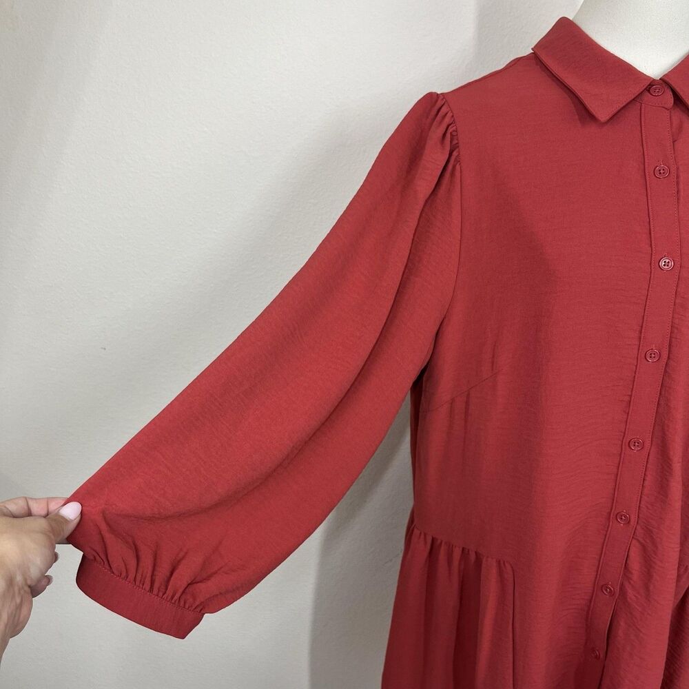 Tahari Arthur S Levine Shirt Dress Womens 14 Red Tiered Ruffle Hem - Picture 3 of 7